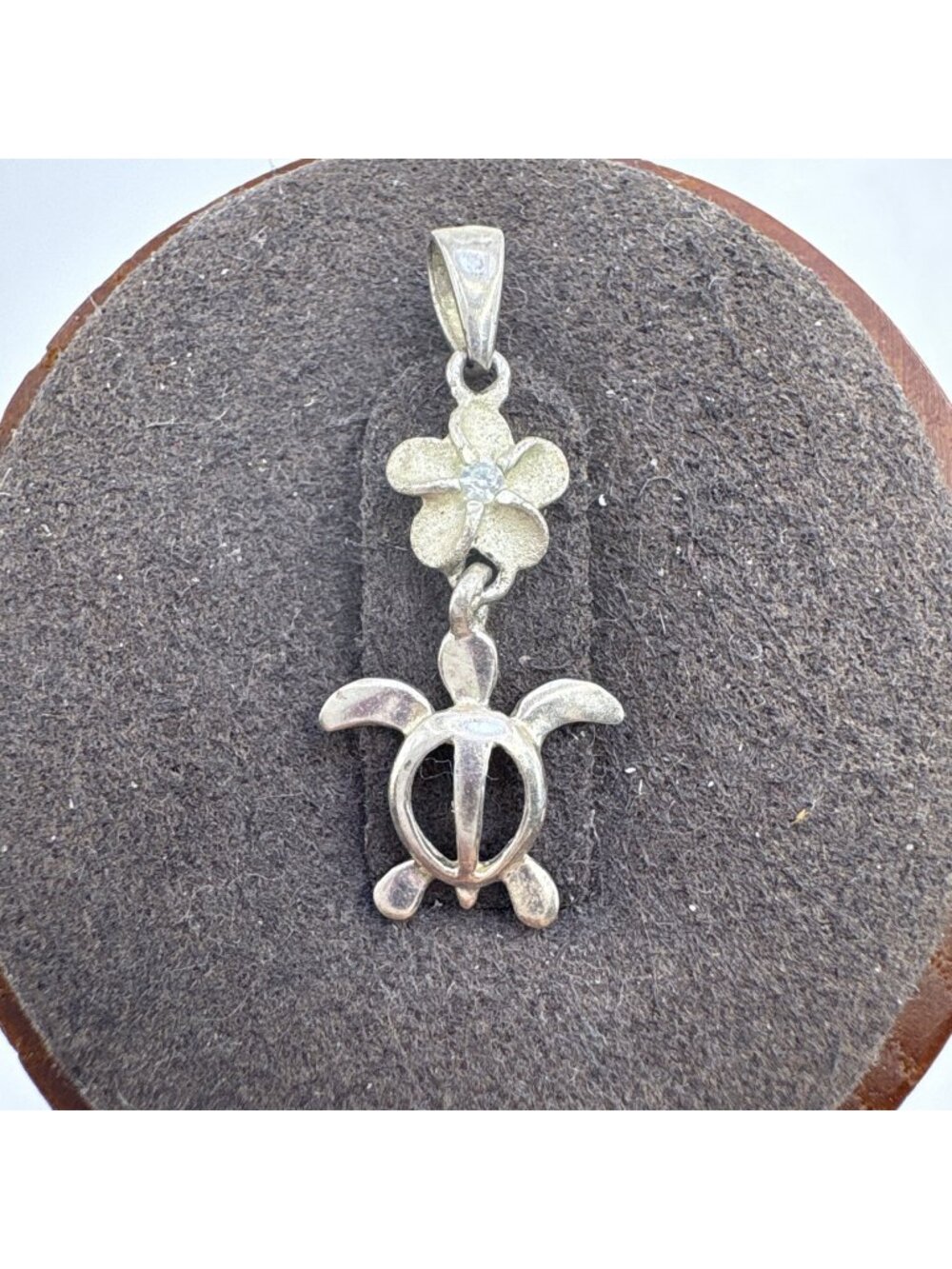 Cubic Zirconia Flower Turtle Pendant Sterling Silver 925 Size 1" Length